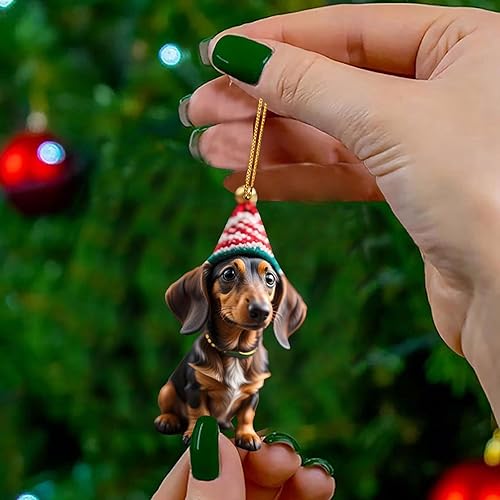 Miniatura 5 de Colgantes de perro salchicha de Navidad no 3D de acrílico lindo perro salchicha con sombreros, decoración del árbol de Navidad, adorno colgante