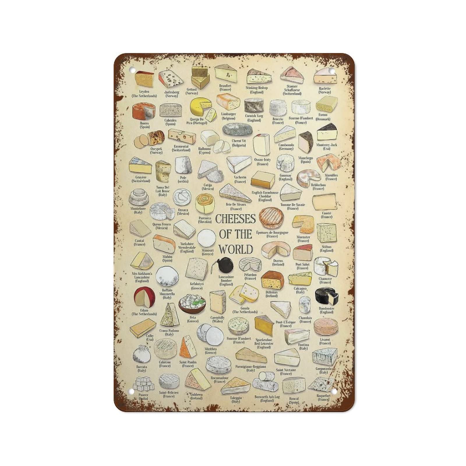 Pibonto Women's Wall Art Retro Metal Tin Sign Vintage Signs Cheeses Of The World Poster Vintage Wall Decor Retro Art Tin Sign Funny Decorations For Home Bar Pub Cafe Farm Room Metal Poster Gift For 8X12 Inch