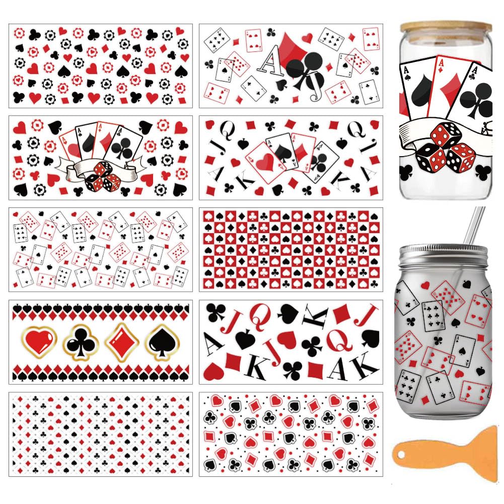arricraft 10 Sheets Playing Cards Theme UV DTF Cup Wrap for 16OZ Glass, Hearts Spades Rub on Decals PVC Transfer Stickers for DIY Cups Window Home Printing Decoration 24x11cm/9.4x4.3inch