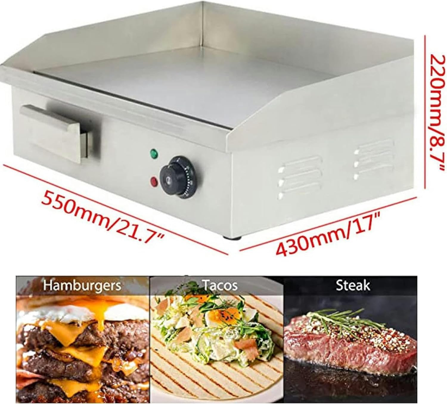 22'' Non-Stick Electric Countertop Flat Griddle/ 110V3000W Stainless Steel Commercial Teppanyaki Grill, Adjustable Temperature Control 122°F-572°F