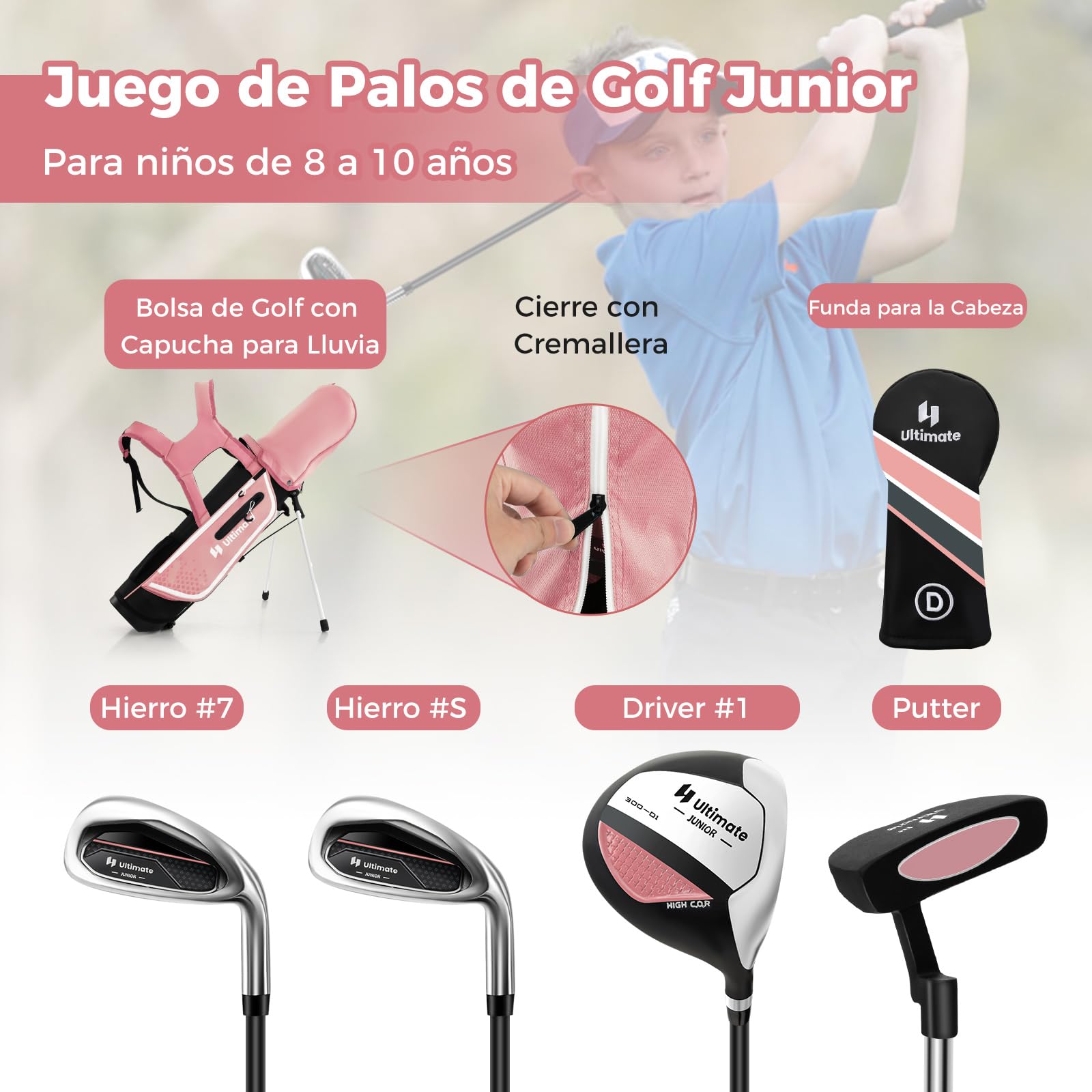 COSTWAY Juego de Palos de Golf para Niños de 8 a 10 Años, Incl. Bolsa de Soporte con Capucha para Lluvia, Driver n.º 1, Hierros y Putter n.º 7#S para Niños y Niñas, Diestros