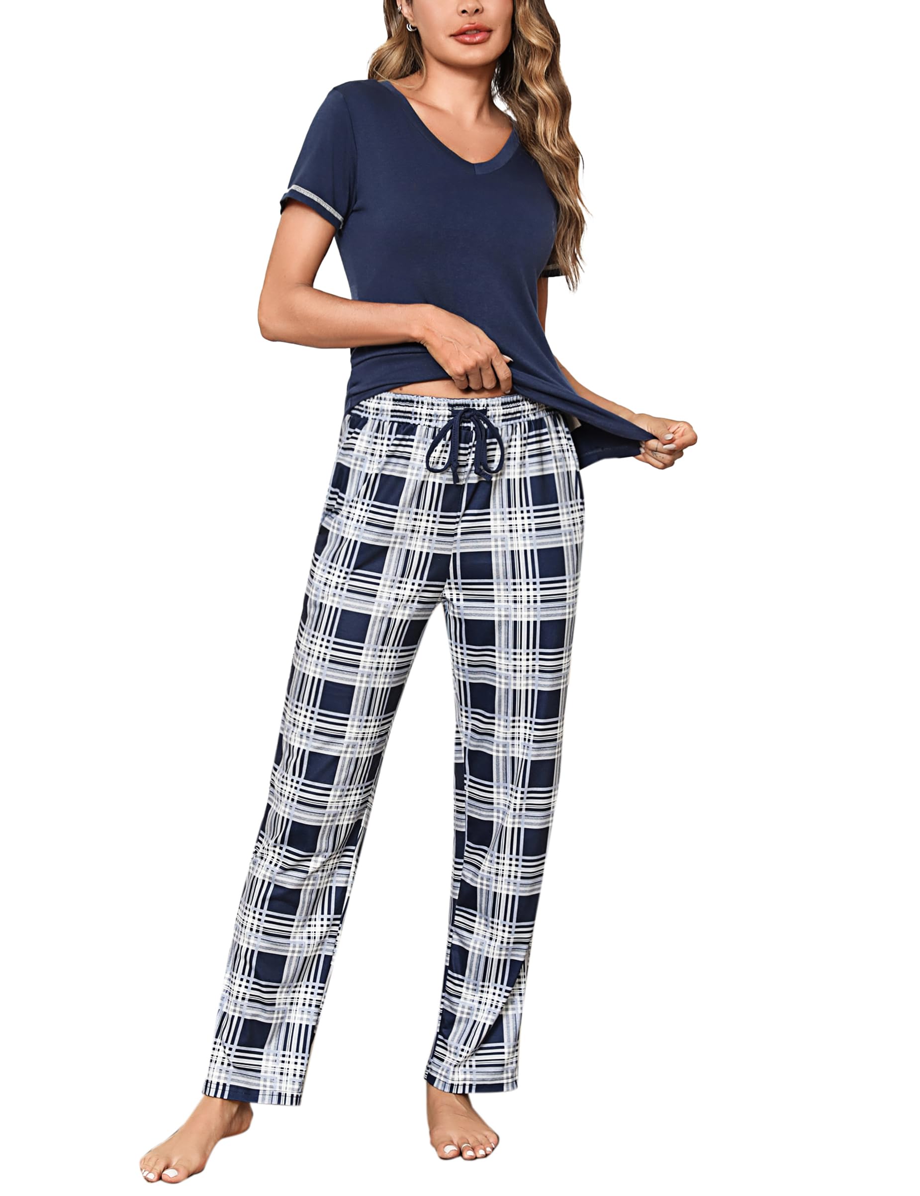 Litherday Schlafanzug Damen Baumwolle Pyjamas Set Kurzarm Nachtwäsche Set Zweiteiliger mit Lang Pyjamahose und Shirt Casual Elastischer Bund Sleepwear