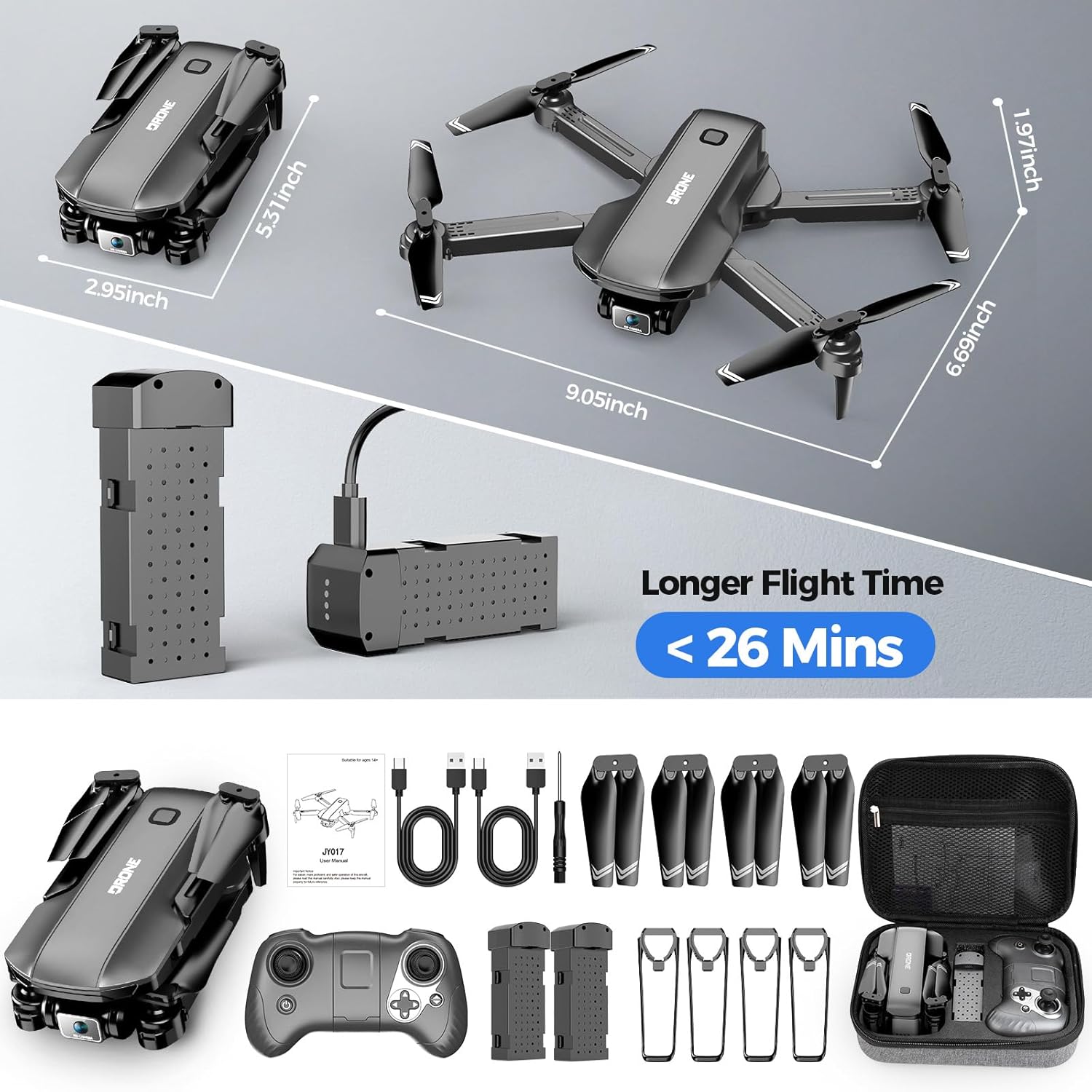 Drone with Camera 1080P HD FPV Foldable Drone for Adults and Beginners, RC Quadcopter with Carrying Case, One Key Take Off/Land, Optical Flow Positioning, 360° Flip,3 Speed Mode,Waypoint Fly Dark Grey