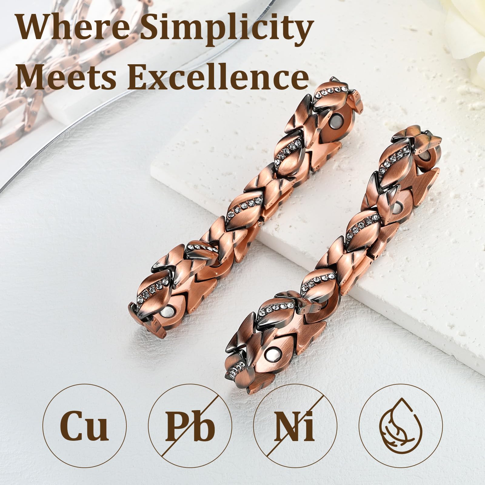 HHRFCS Kupfer-Magnetarmband und Ring-Set für Damen – Gliederarmband aus reinem Kupfer mit 3800 Gauss-Magneten und verstellbarem Herzring, Schmuckgeschenk
