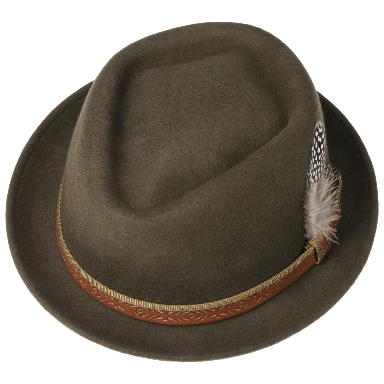 LIERYS Galveston Pork Pie Fedora Wollfilz Filzhut mit Garniturband Federschmuck Damen Herren Made in Italy Sommer Winter