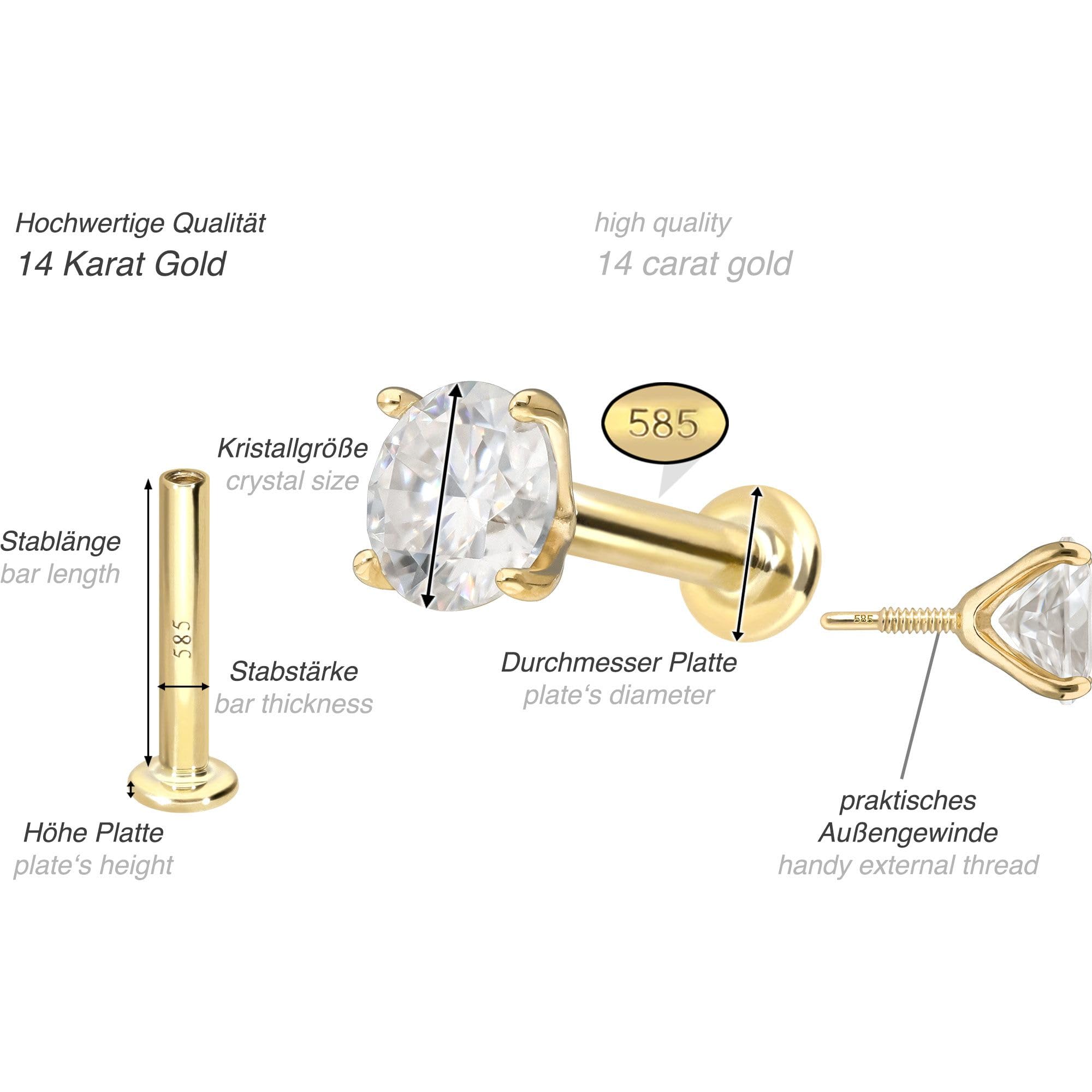 PIERCINGLINE Piercing Stecker 14 Gold Labret mit Innengewinde MOISSANIT 585er Gold - Roségoldfarben, Goldfarben, Silberfarben