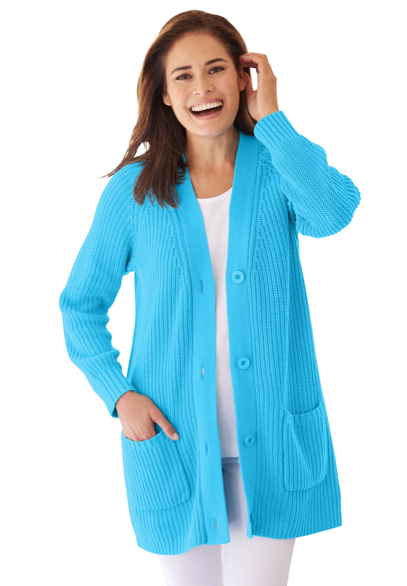 Woman Within Plus Size Button-Front Shaker Cardigan
