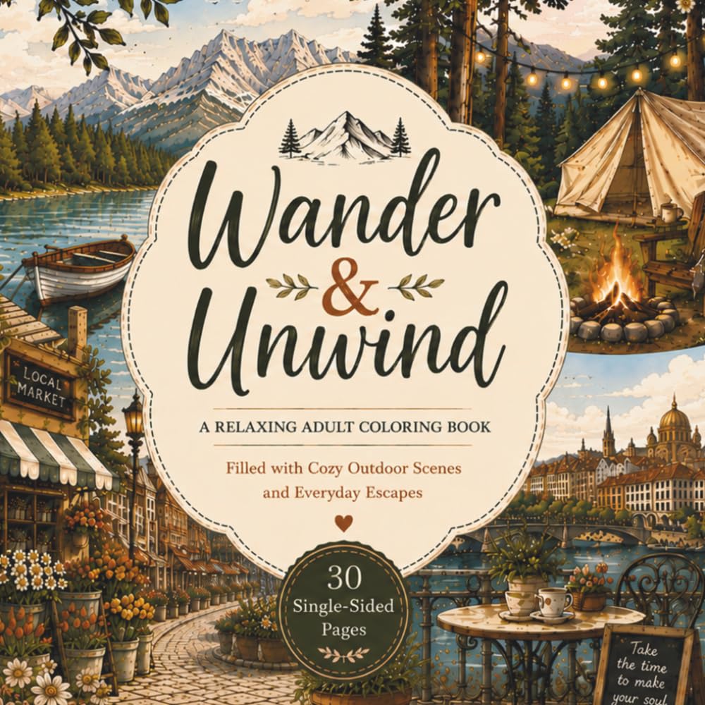 Wander & Unwind: A Relaxing Adult Coloring Book Filled with Cozy Outdoor Scenes and Everyday Escapes