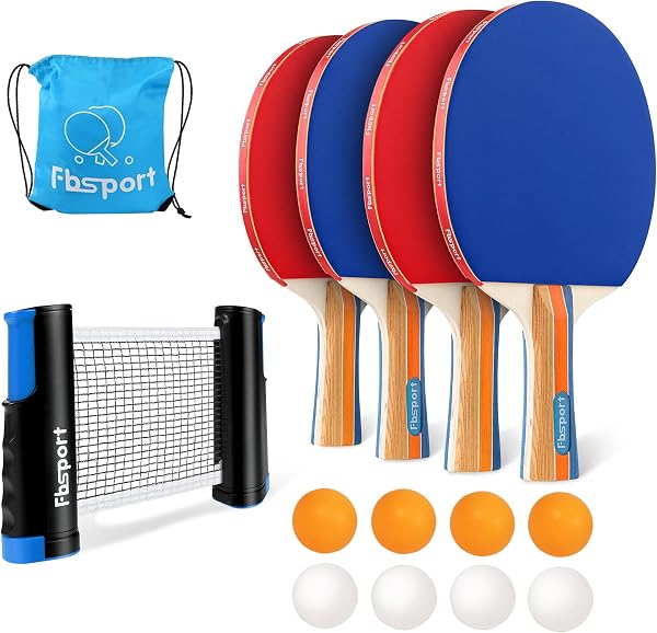 Set da Ping Pong da Tavolo con 4 Racchette, Retrattile Rete, 8 Palline e 1 Borsa per il Trasporto, per Bambini all'aperto e Adulti - 1