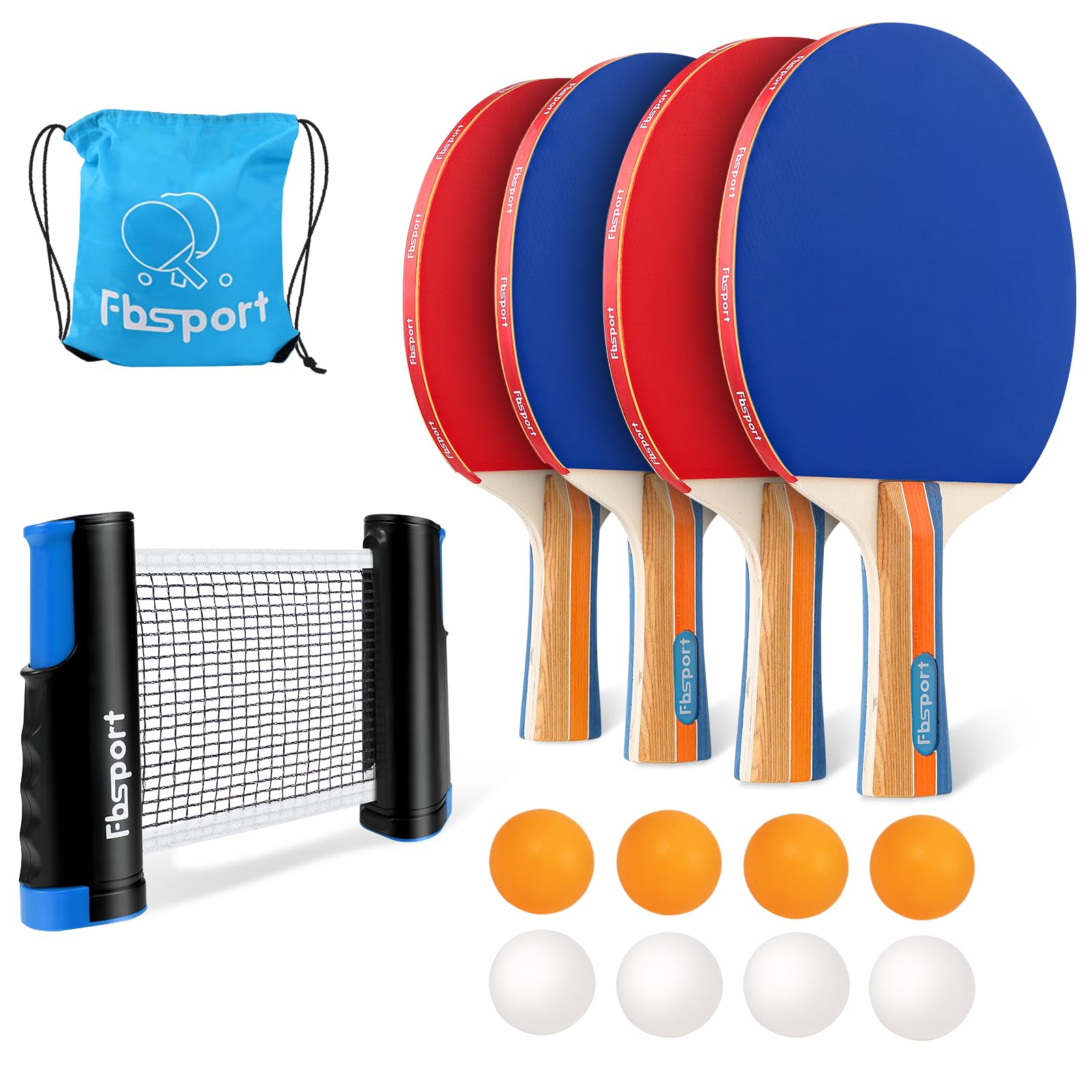 Set da Ping Pong da Tavolo con 4 Racchette, Retrattile Rete, 8 Palline e 1 Borsa per il Trasporto, per Bambini all'aperto e Adulti - 1