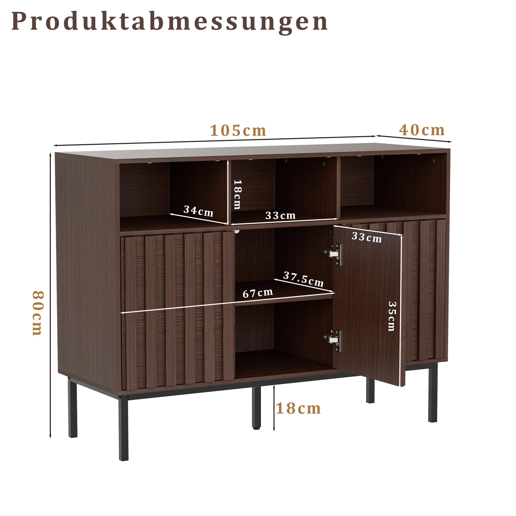 UEV Sideboard mit 3 Türen, 105 x 39 x 80cm, Aufbewahrungsschrank Küchenschrank, Kaffeebar Schrank für Wohnzimmer Schlafzimmer Flur Küche