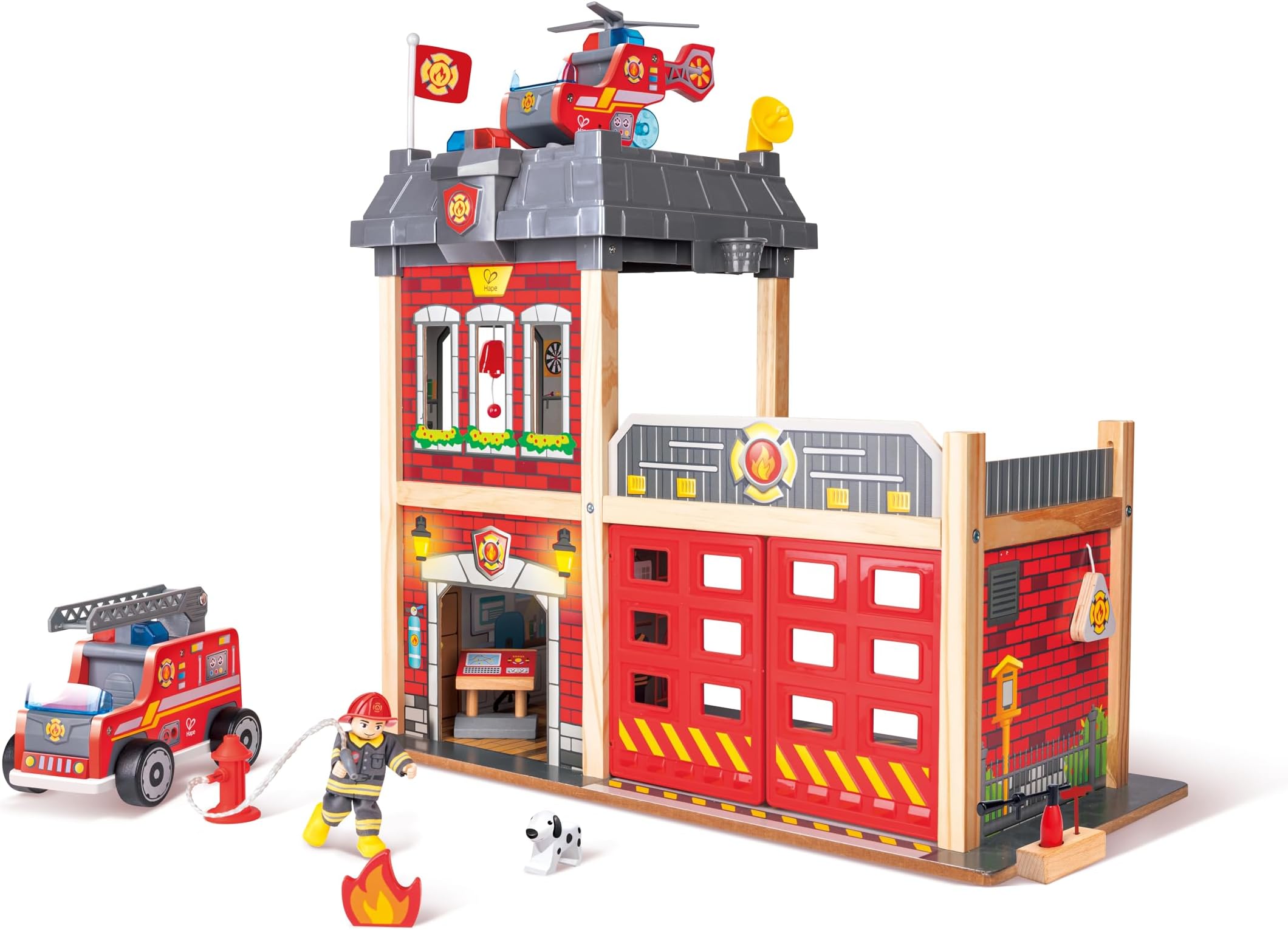 Sustainable Wood Toy Hape Large Fire Station Playset With Battery-Powered Alarms, Fire Fighter, Rescue Dog And Helicopter. 3 years +, one size