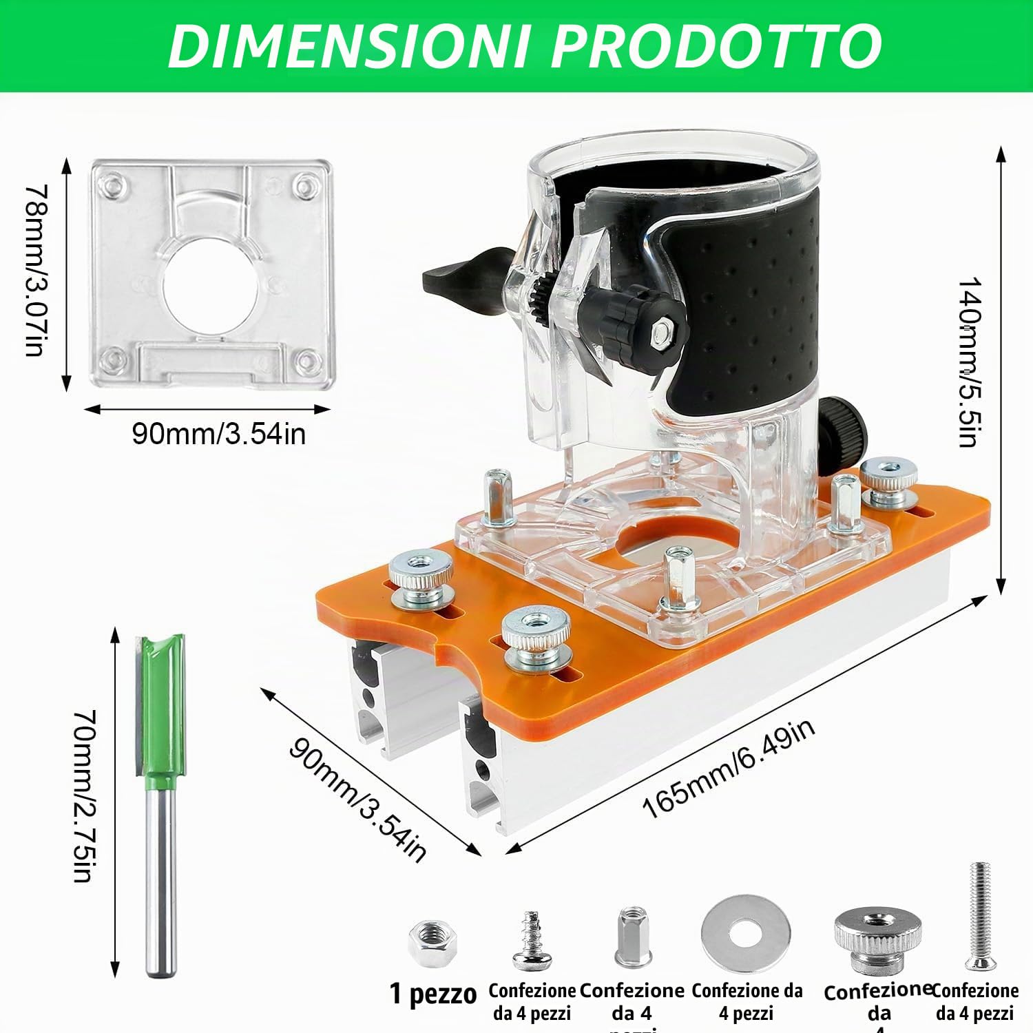 2 in 1 Fresatrice Verticale Legno Piastra di Base, Rifilatore per Legno con Cesto di Fresatura e Piastra di Base in Lega di Alluminio, per Trimmer da 65 MM