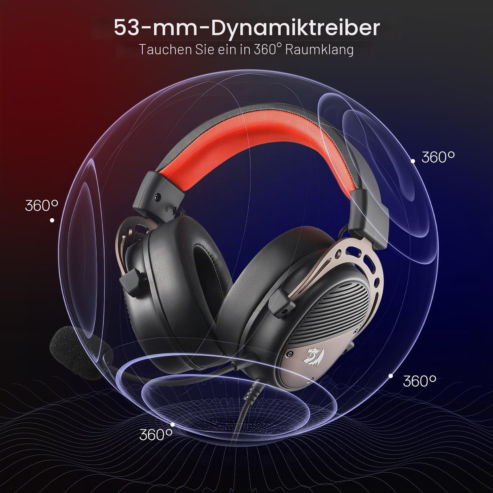 Redragon H730 USB Gaming Headset Kabel 53mm 360° Raumklang | kabelgebundenes Gaming Headset abnehmbares Mikrofon magnetische austauschbare Ohrpolster Over-Ear PC PS