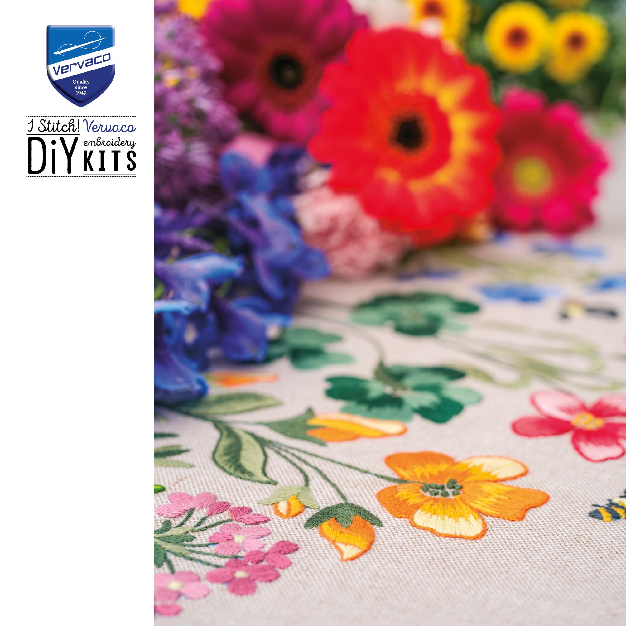 Vervaco Kit Bordado Mantel Set Completo Bordado Tela Impresa FLORES DE CAMPO Decoracion Para Manualidades Principiantes Completo DIY Adultos Set Creativo Regalo 72 x 72 cm Embroidery