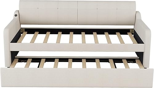 Miniatura 7 de SIYSNKSI Sofá cama de tapicería de tamaño individual con altura ajustable y diseño de carga USB sofá cama de tela tejida sofá cama para dormitorio