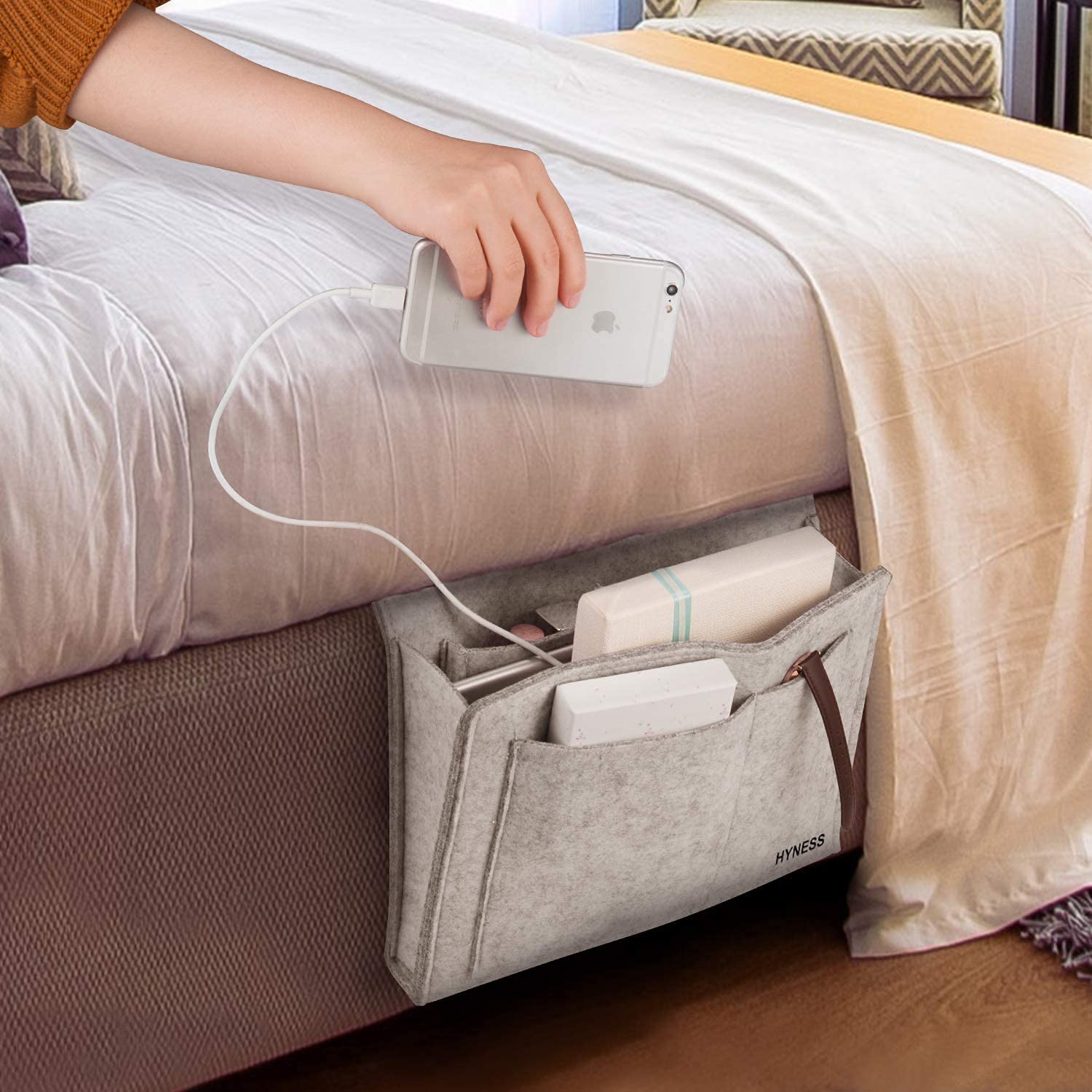 Belanto Felt Bedside Caddy Bedside Storage Organizer Bed Caddy for Remote Control, Tablet, Laptop, Glasses, Mobile Phone, Book, Magazines- with 5 Pockets, Bed side Hanging Storage Organizer