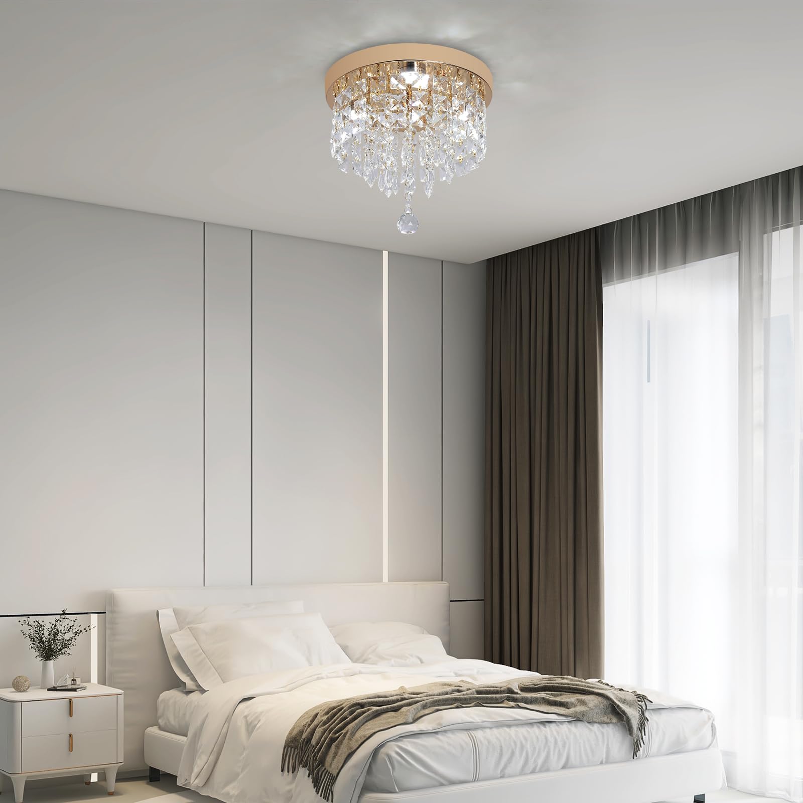 Deckrico Lámpara de Techo LED Dorada con Cristales, Luz Blanca, Moderna para Recámara, Baño, Clóset o Pasillo