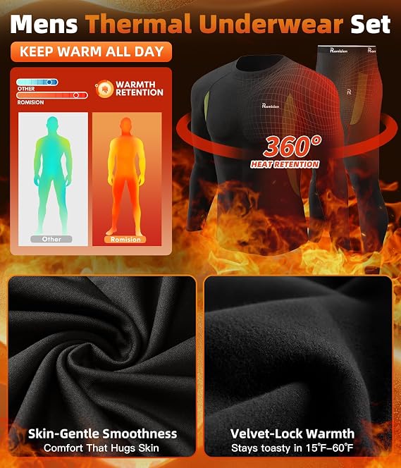 romision Mens Thermal Underwear Set Long Johns Fleece Lined Base Layer