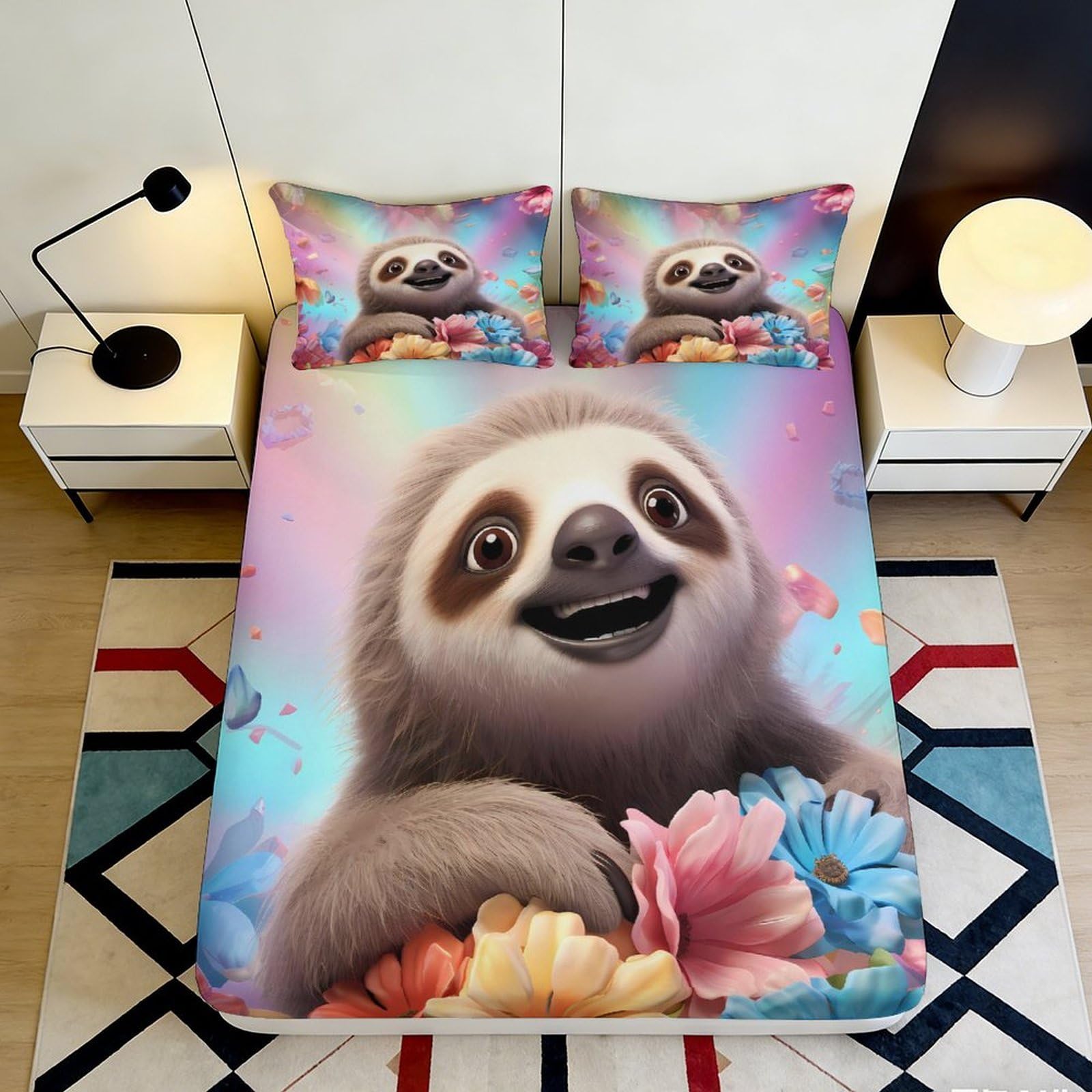 3D Printed Sloth Rainbow Fitted Sheet Microfiber Soft Breathable Flower Mattress Cover for Bedroom Dorm Decor 90x200x25cm