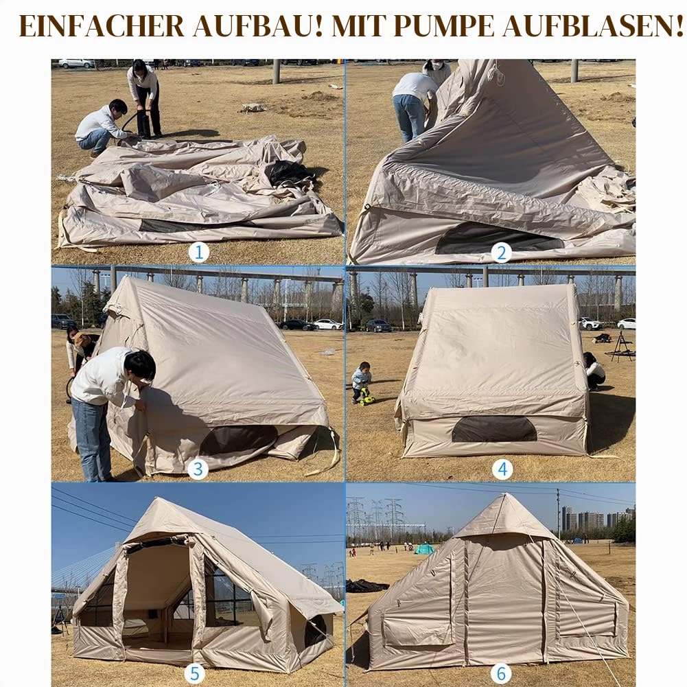 Aufblasbares Glamping-Zelt mit Pumpe, einfach aufzubauende wasserdichte Outdoor-Oxford-Zelte, selbsttragende Struktur, Kabinenzelt mit Moskitonetz, aufblasbares Hauszelt für 4–5 Personen, 4-Jahresze Sport & Freizeit