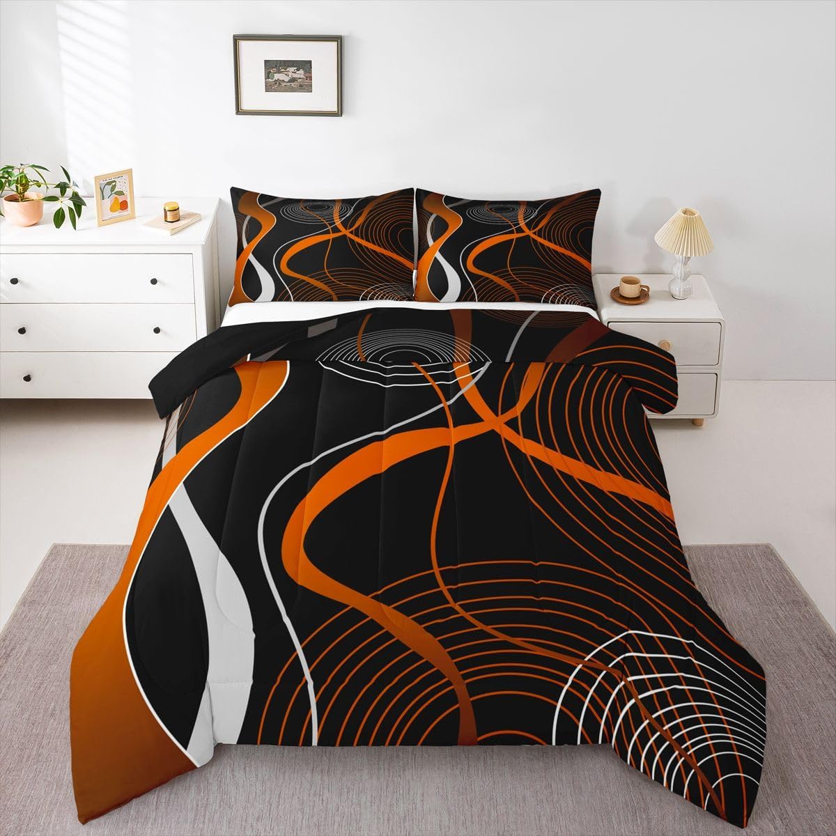 Erosebridal Geometric Comforter Set King, Stripe Line Bedding for Men Women, Orange Black White Bedding Comforter Sets, Modern Art Swirl Waves Abstract Circle Retro Down Comforter