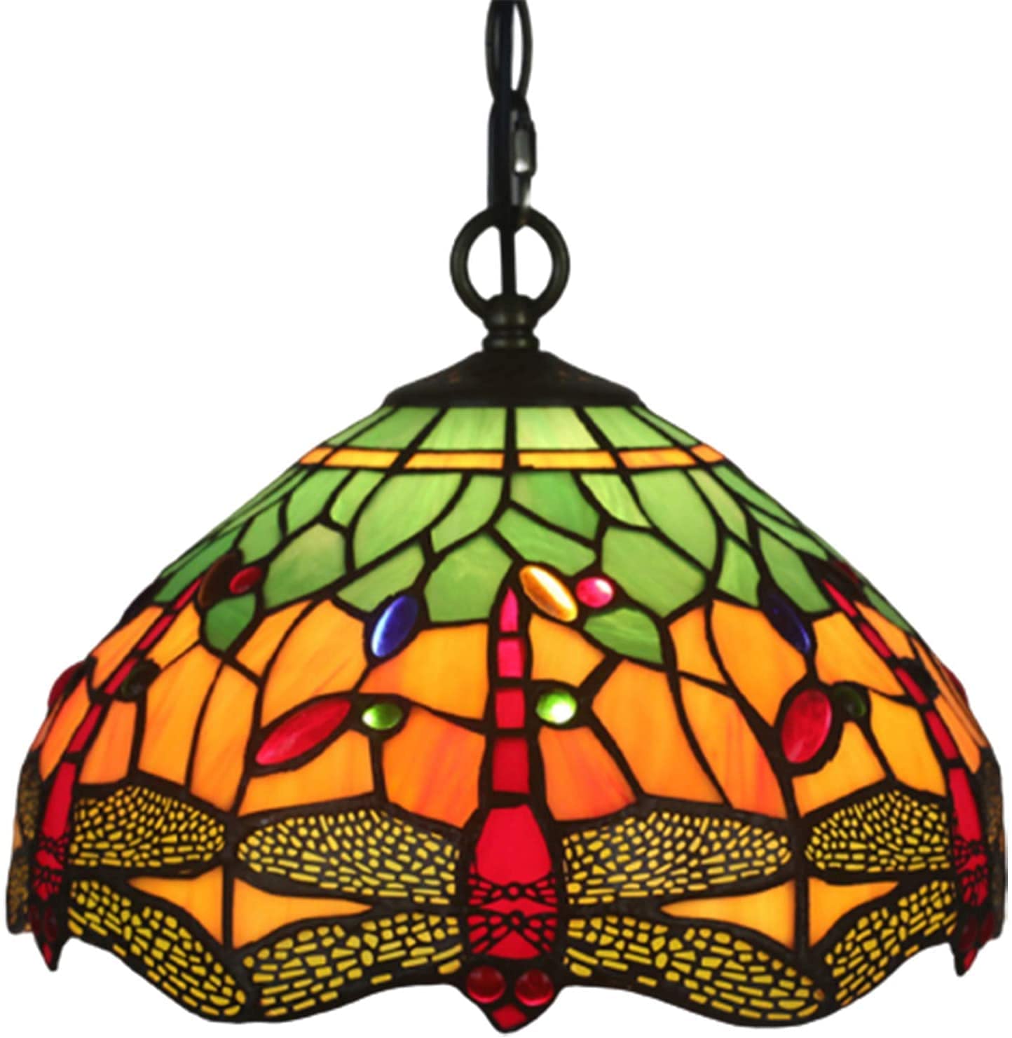 METTEOR Tiffany Style Green Dragonfly Pendant Lamp,Handmade Vintage Stained Glass Ceiling Pendant Light,Chandelier For Dining Room Balcony,E27,30Cm