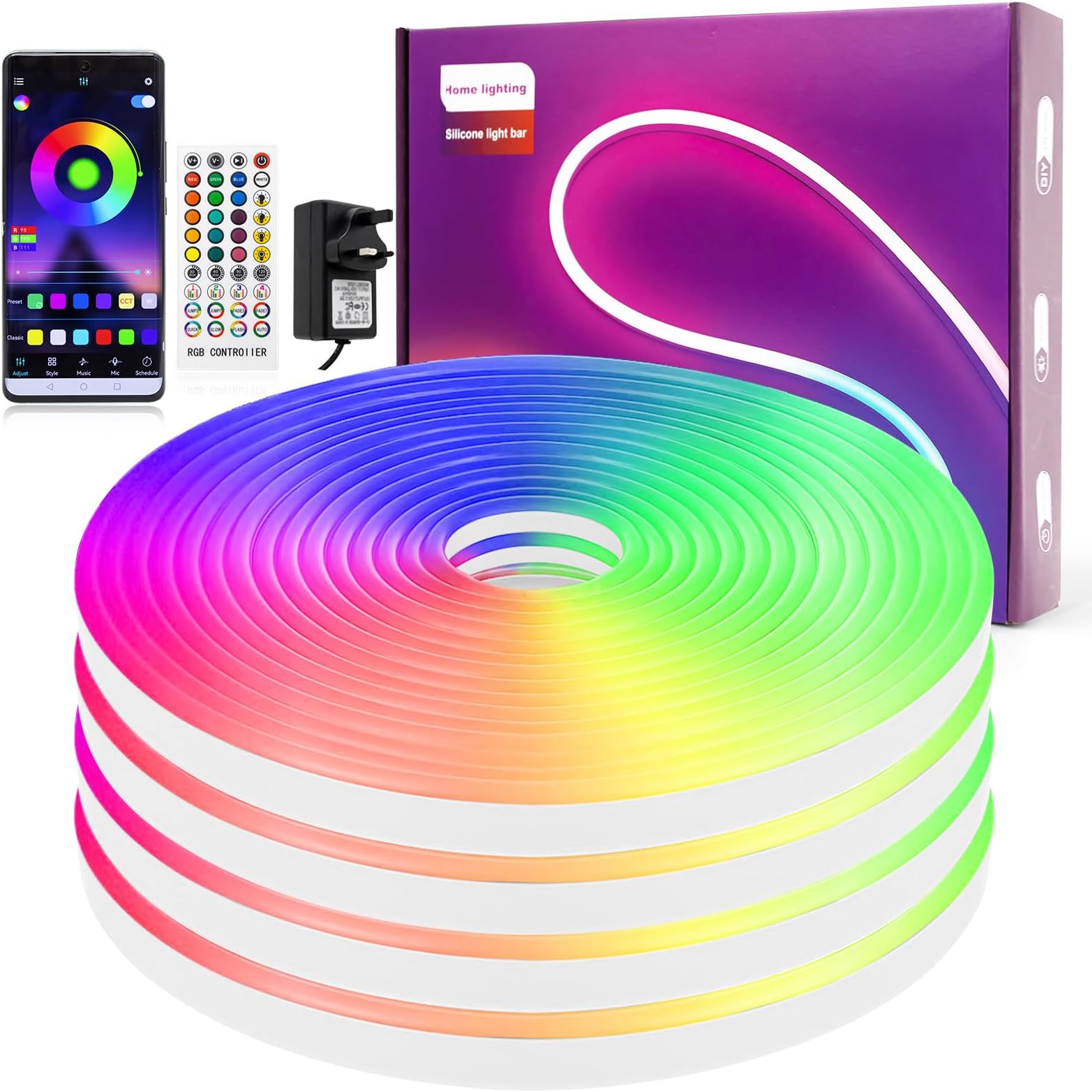 ELOUYCKE RGB LED Strip Lights 10M, Neon Light Strip Color Changing, Music Sync, Timer, Silicone DIY Flexible LED Rope Lights with Remote, App Control for Bedroom, Indoor, Outdoor, Party Deco