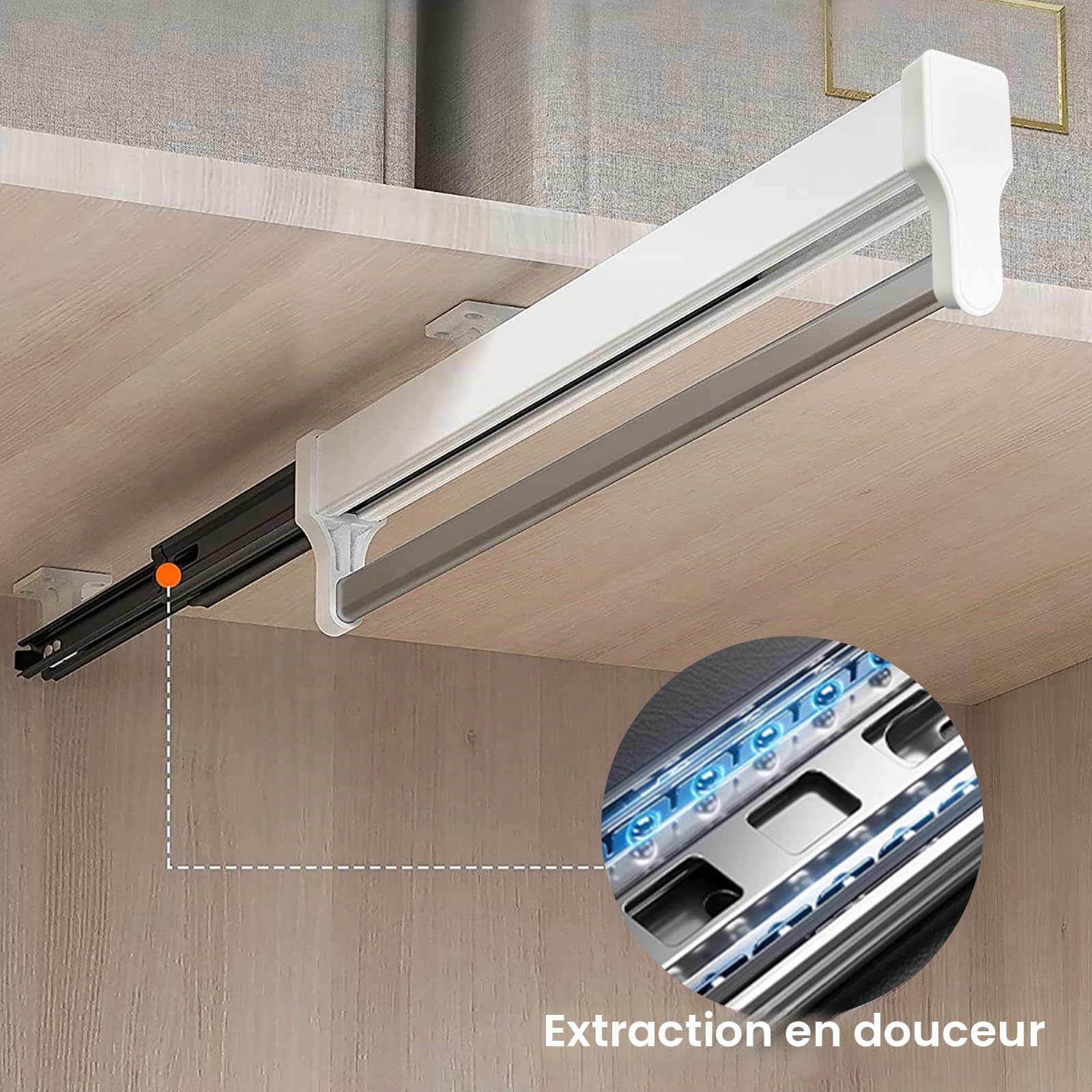 Tringle à vêtements extensible permettant de sortir les cintres, barre télescopique réglable, 347 mm, blanc