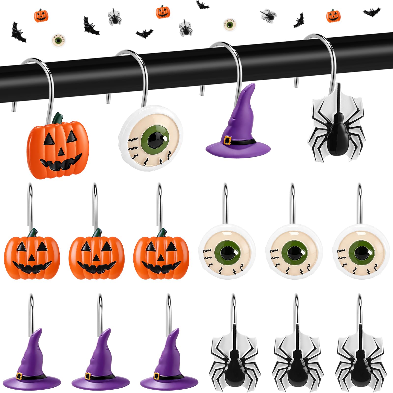 Pinkunn 12 Pcs Halloween Shower Curtain Hooks, Decorative Pumpkin, Horror Eyeballs, Witch's Hat, Black Spider Shower Curtain Rings, Resin Metal Bathroom Hooks for Halloween Bathroom Decor