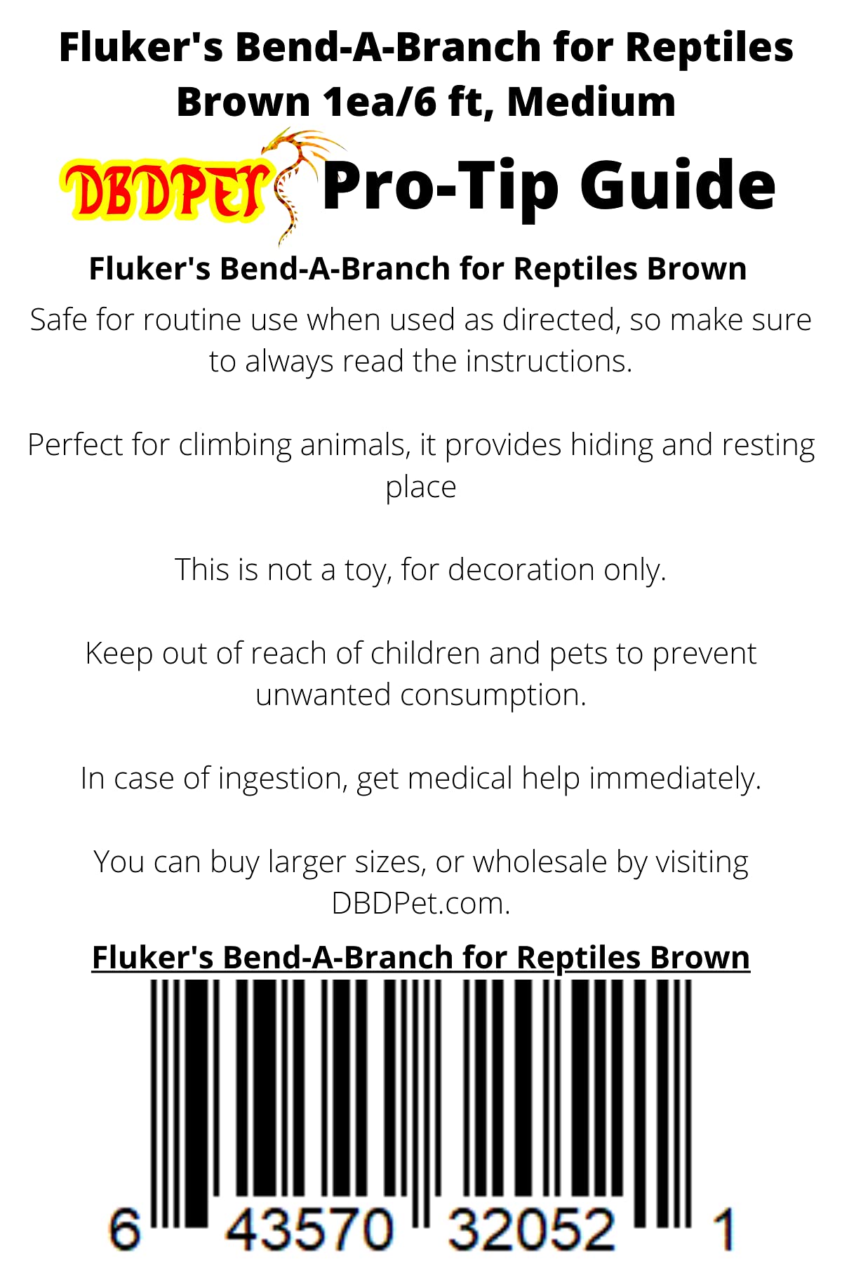 DBDPet Fluker's Small Animal Bend-A-Branch Pet Habitat Décor Medium 6ft - Includes Attached Pro-Tip Guide