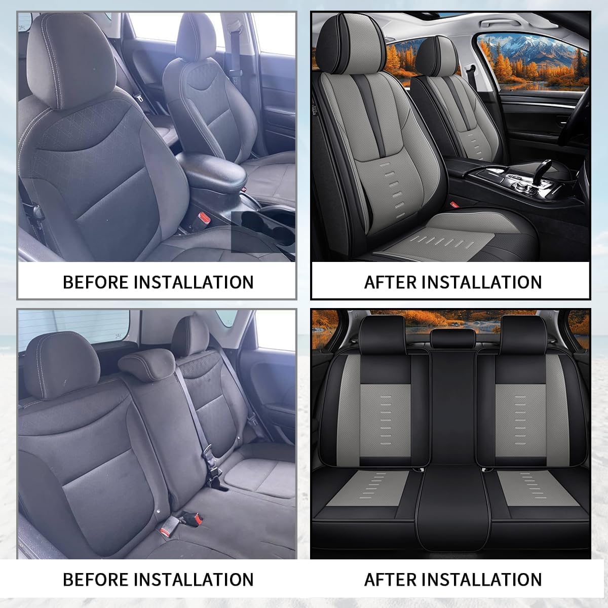 Car Seat Covers Full Set Fit for Toyota Prius 2003-2015 Faux Leather Seat Cushion with Lumbar Support Airbag Compatible Automotive Interior Accessories (Black & Grey)