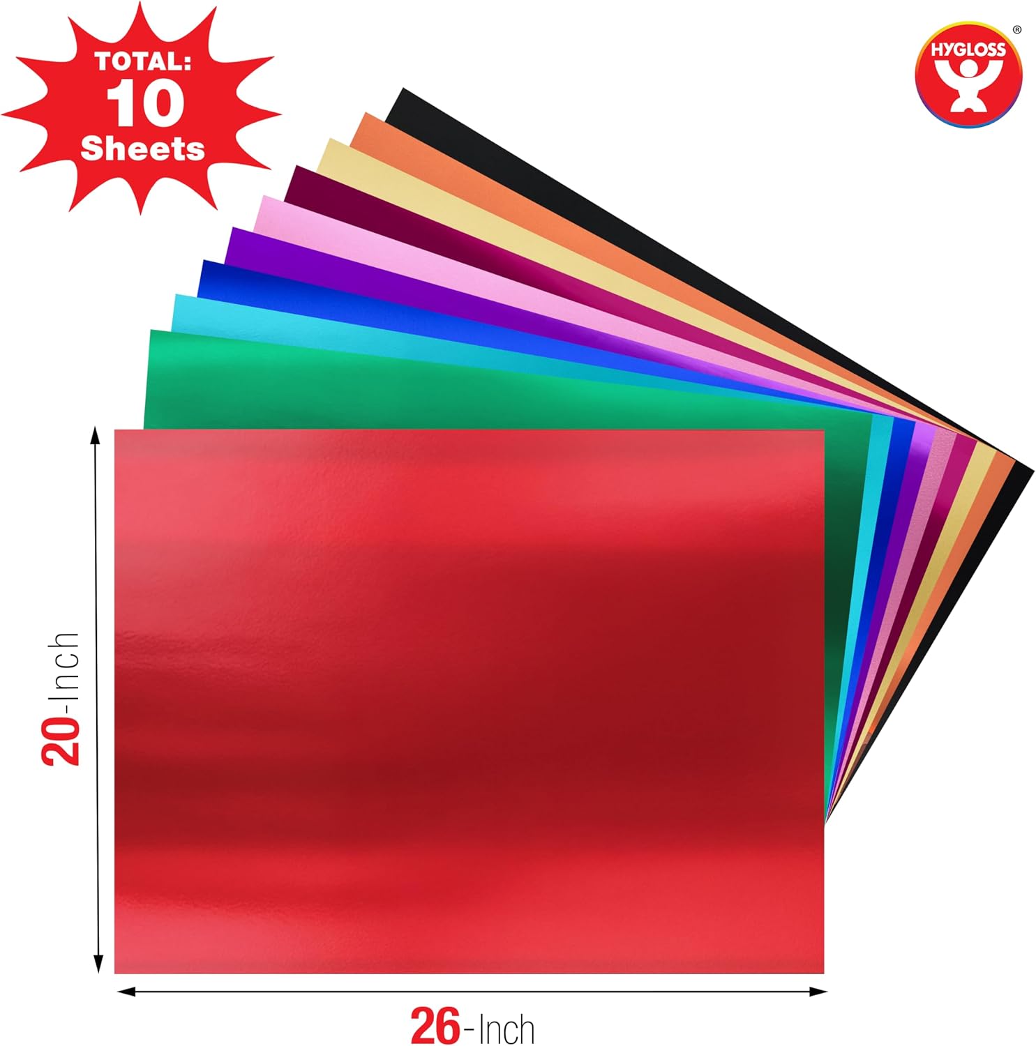 Hygloss Shiny Metallic Foil Paper - 20" x 26" Sheets for Arts, Crafts & Christmas Wrapping - Assorted Colors, 10 Sheets of Shiny Christmas Wrapping Paper