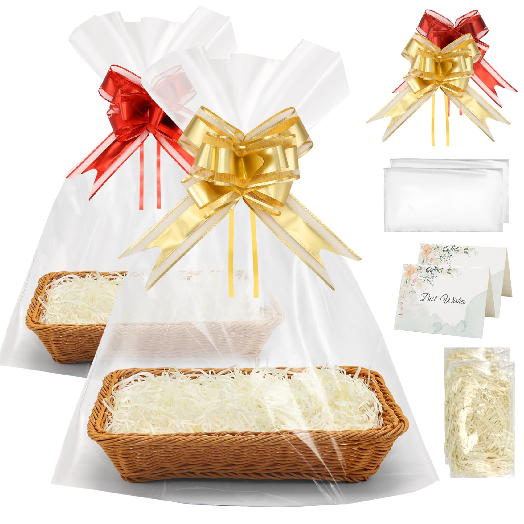 Micvtve Set di 2 cesti regalo, kit per creare il proprio cesto regalo con fiocchi, sacchetti di cellophane, biglietti di auguri, carta sminuzzata e cesto regalo vuoto, da utilizzare per compleanni