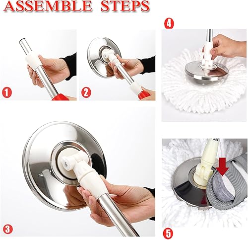 Miniatura 6 de Cubo de trapeador giratorio, sistema de cubo de fregona giratoria con 2 cabezales de trapeador, cubo de limpieza de fregona de acero inoxidable para