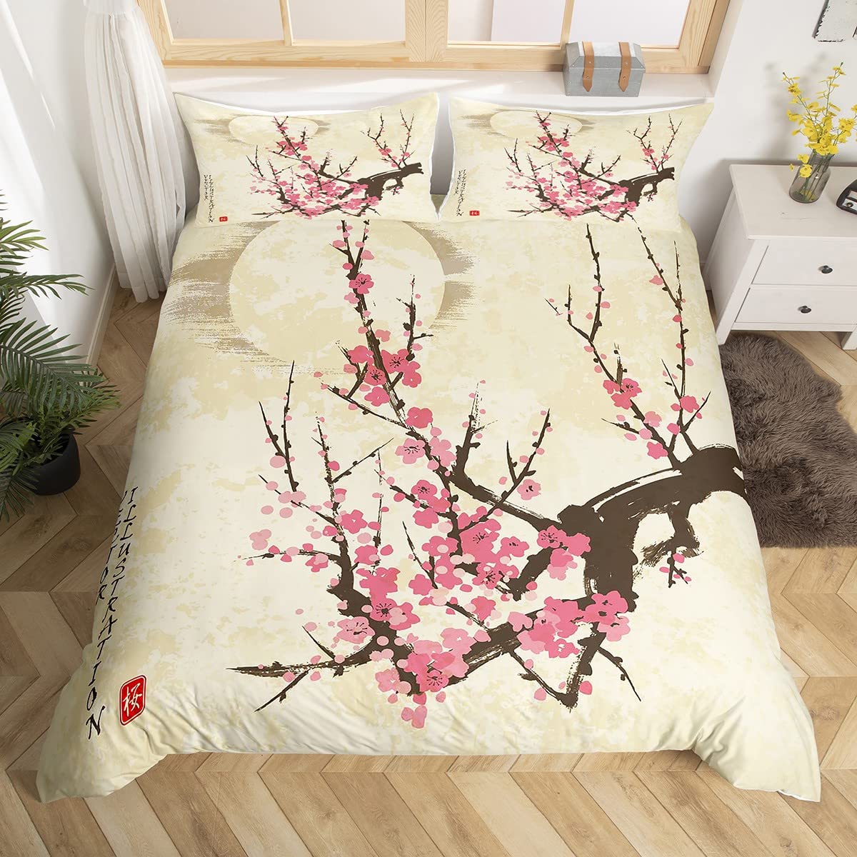 Pink Cherry Blossoms Comforter Cover, Japanese-Style Duvet Cover for Adult Women Girls Romantic Theme Bedding Collections Boys Teens Nature Flowers Bedding Set with 2 Pillowcases, King Size