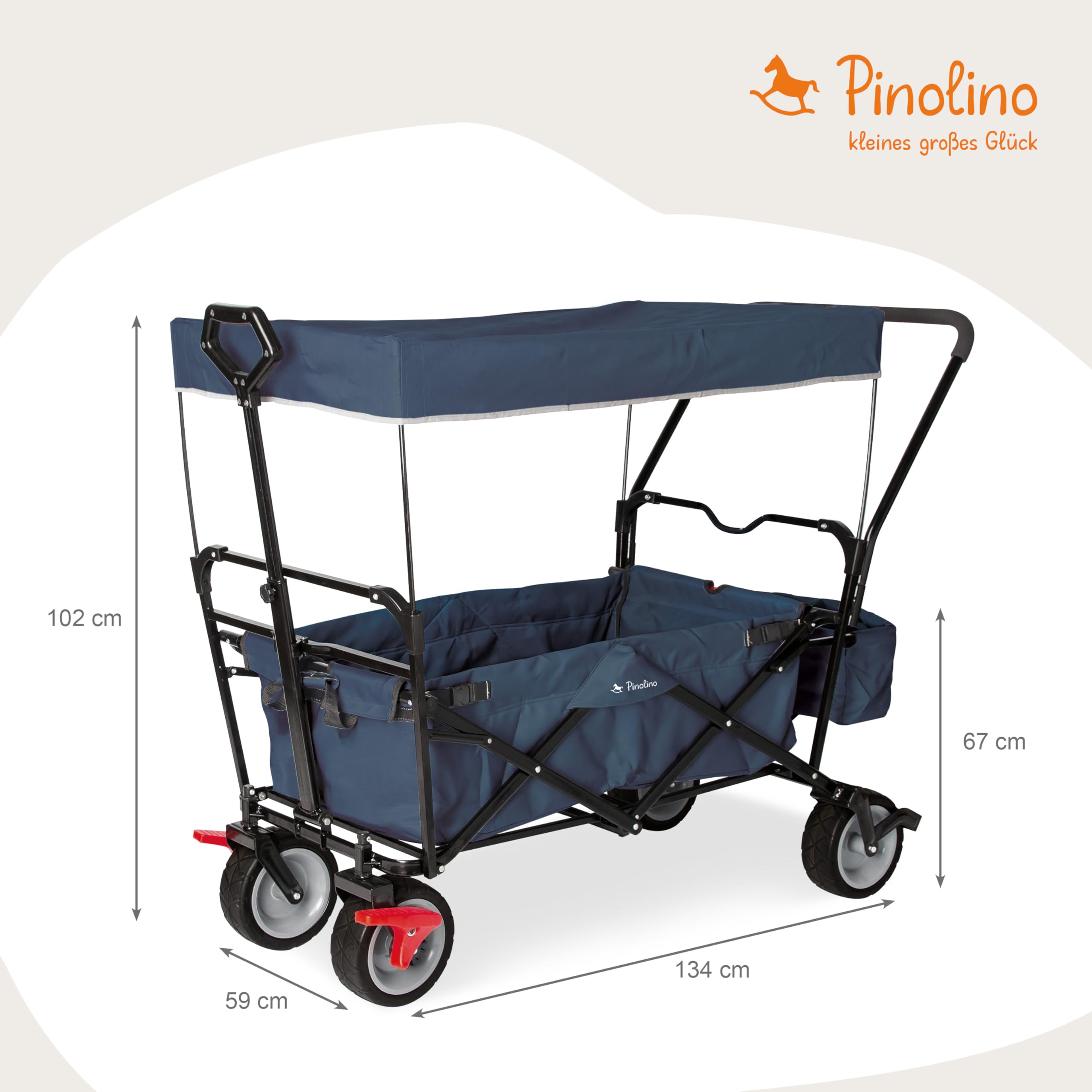 Pinolino 238021 Klappbollerwagen Paxi DLX Comfort mit Bremse, Sonnendach, Tragetasche, komfortabler Schiebegriff, Tragfähigkeit 70 kg, Marineblau, 134 x 59 x 102
