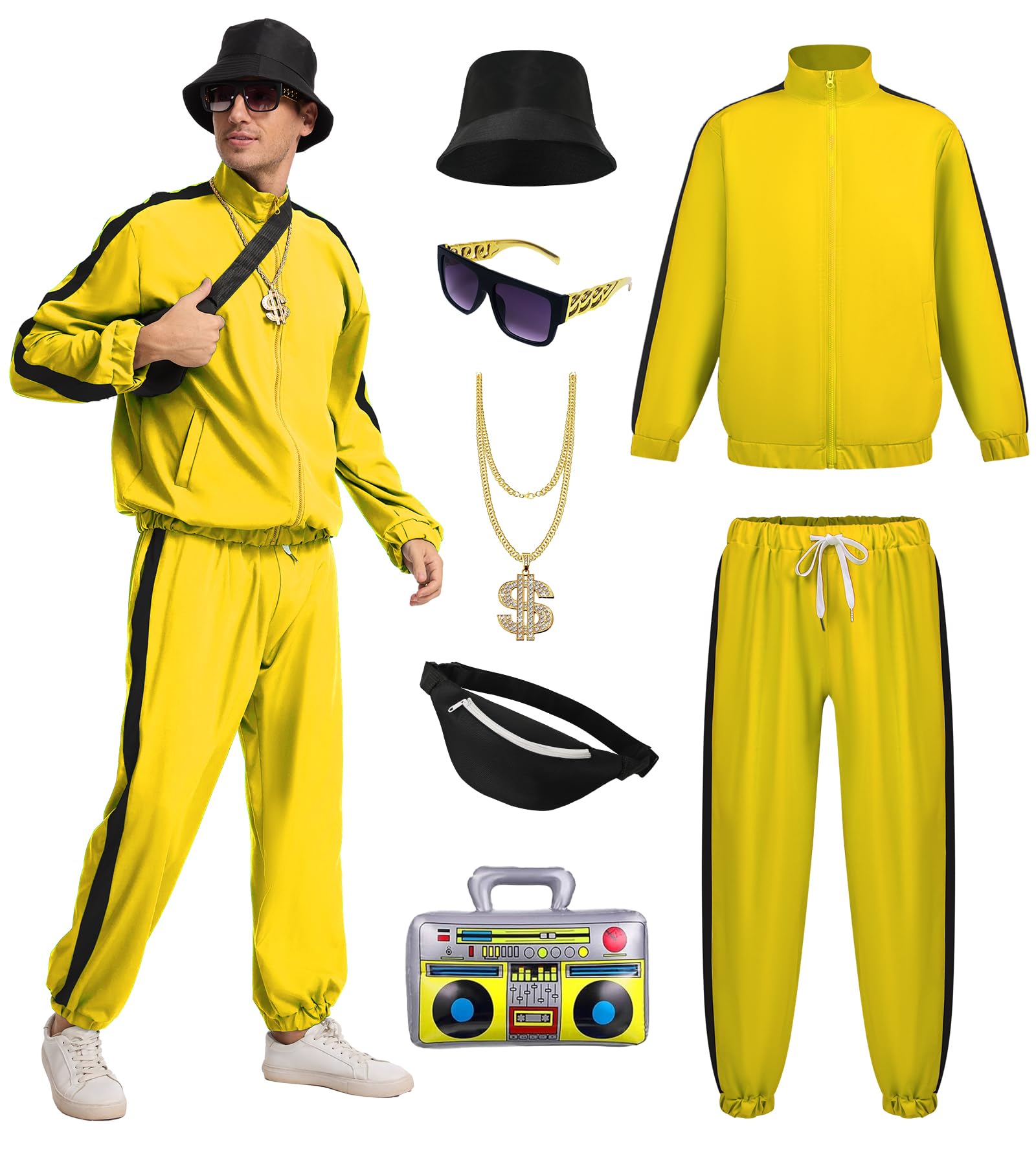 FSUJWOA 80s Outfit for Men 90s Track Suit with Hip Hop Costume Accessories Set for Halloween Themed Party (Yellow, S) — image 1