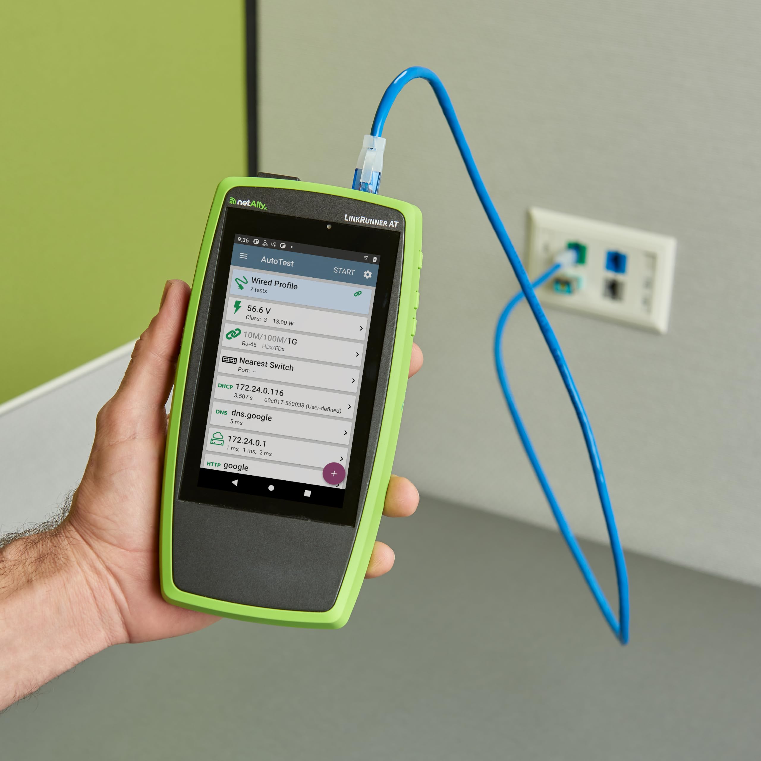 NetAlly LinkRunner AT 1500 Essential tester sieci i kabli | szybki 8-stopniowy autotest, PoE + ładowanie, ping, Switch, VLAN, DHCP, DNS, Gateway | Niezawodne, standardowe wyniki codziennej weryfikacji