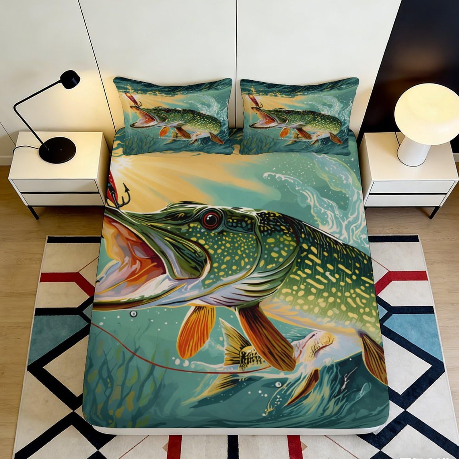 3D Printed Lively Pike Fishing Fitted Sheet Microfiber Soft Breathable River Fish Bed Cover for Bedroom Decor 140x200x25cm