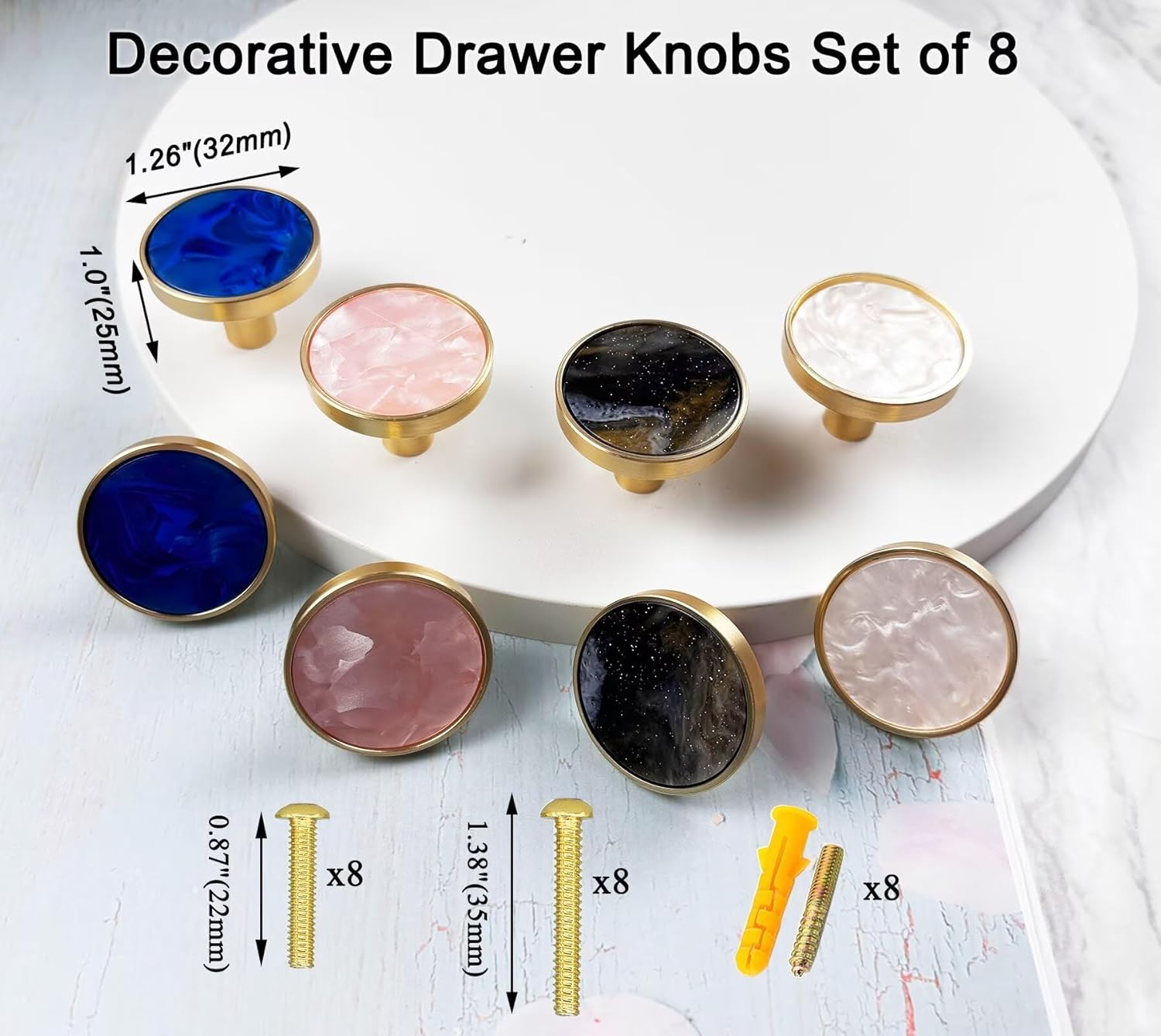 Decorative Round Cabinet Knobs Gold Drawer Knob Handles Acrylic Cupboard Pulls Home Kitchen Decor Gray 1.26" 8 Pack