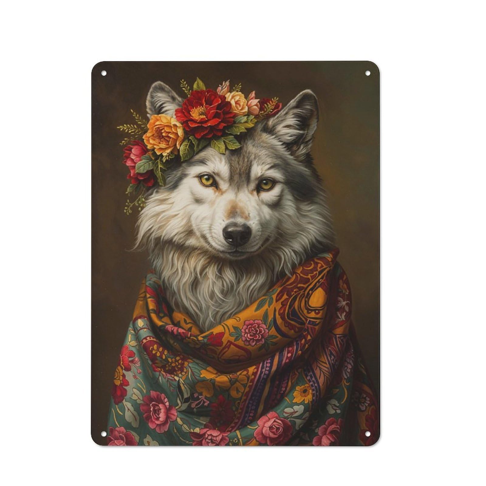 Junmoney Wolf With Flowers Friendly Metal Wall Decor 40X30cm, Decorative Metal Plaque For Coffee Bar, Small Shop Or Dining Room