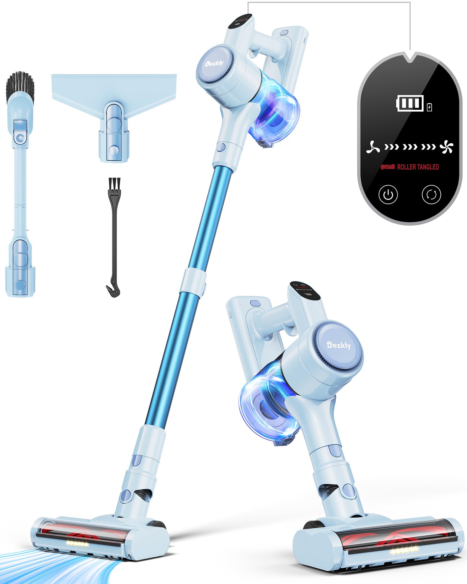 Dezkly Cordless Vacuum Cleaner, 8 in 1 Lightweight Stick Vacuum with Sofa Brush, 300W Motor, 23KPa Max Suction, 48mins Runtime Rechargeable Vacuums for Hardwood Floor, Carpets, Pet Hair, Blue
