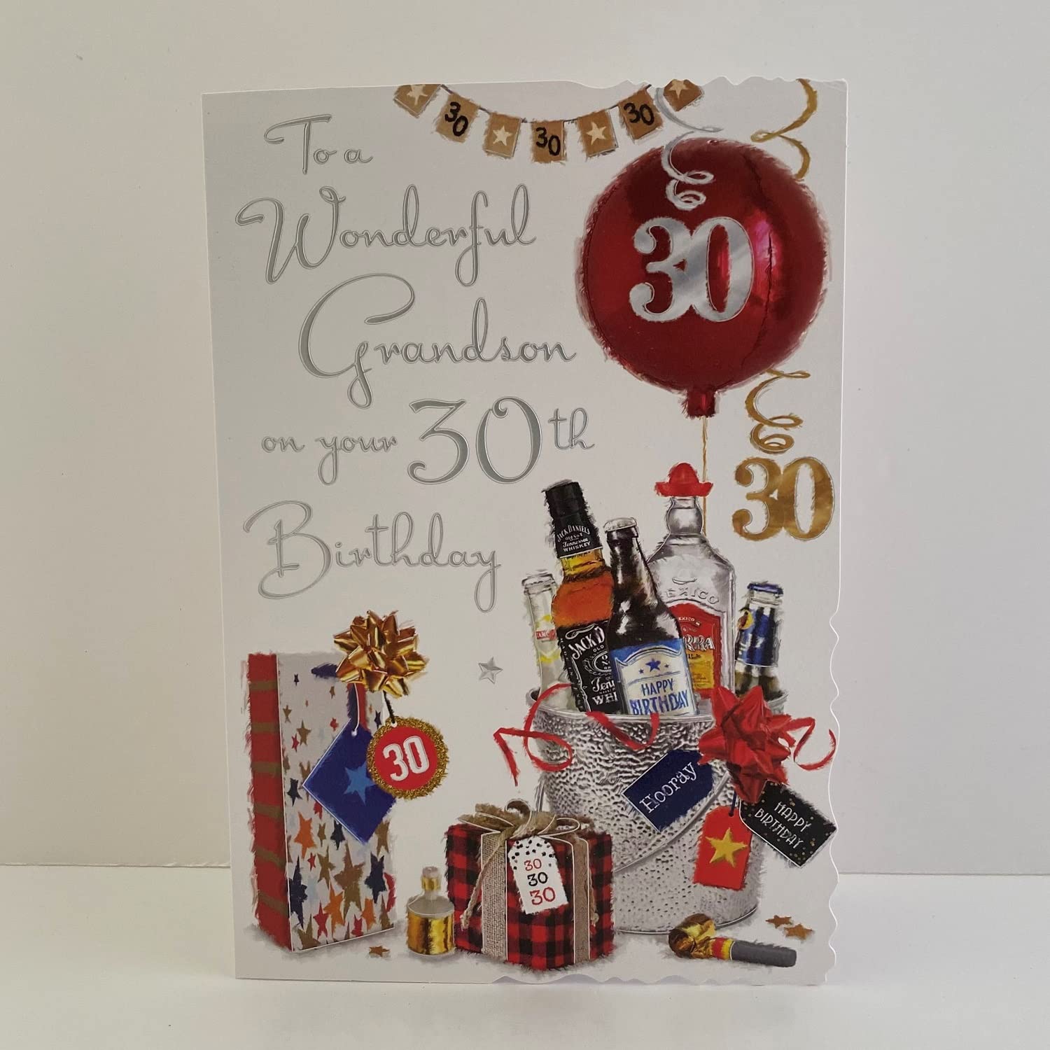 Geburtstagskarte Zum 30. – Design „Wunderbarer Enkelsohn“ Mit Luftballons & Geschenken