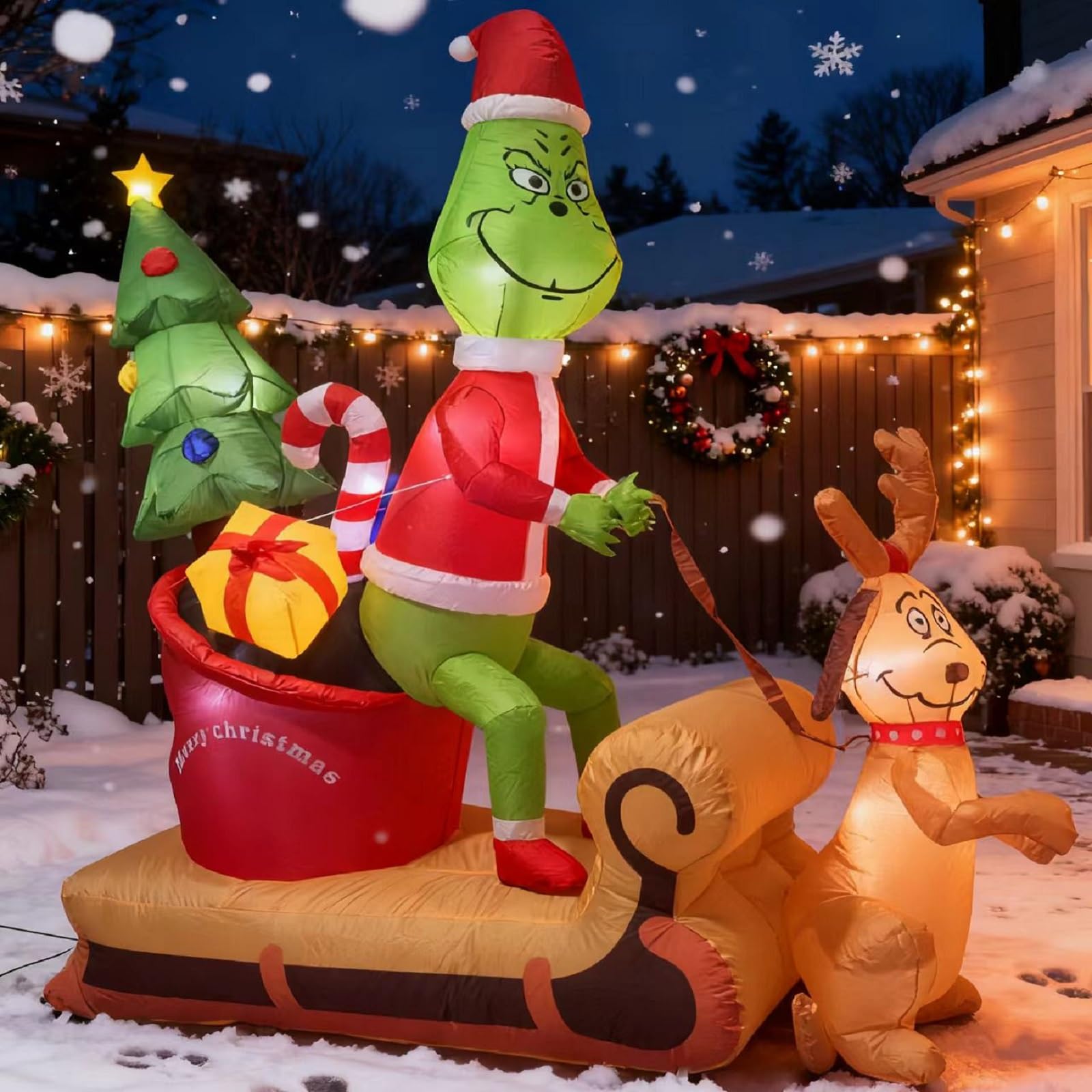 6.5ft Grinch Inflatable Christmas Decorations - Grinch Dog Max on a Sleigh Decorations - Built-in 8 LED Lights High Brightness Christmas Outdoor Decorations