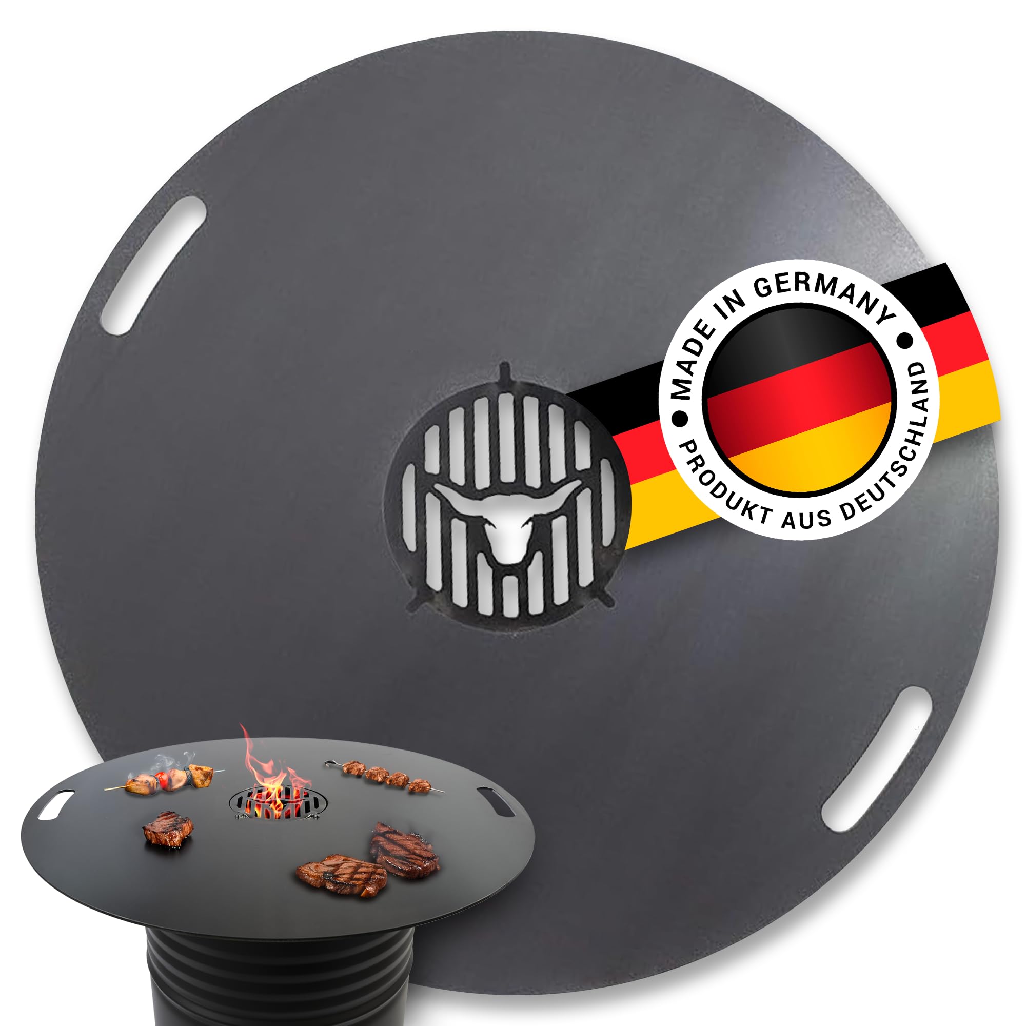 Feuerplatte für Kugelgrill Handgriffe 80 cm, 5 mm Stärke #02 – INKL. Grilleinsatz, Grillplatte für Feuertonne & Feuerschale, Massive Stahlplatte Plancha Grillring für BBQ & Teppanyaki