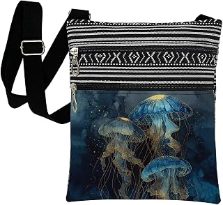 Blue Golden Jellyfish Print Crossbody Bag with Adjustable Strap Zipper Closure Casual Sling Bag Daily Use Purse for Women Holiday Birthday Present for Friend Sister Ocean Lovers