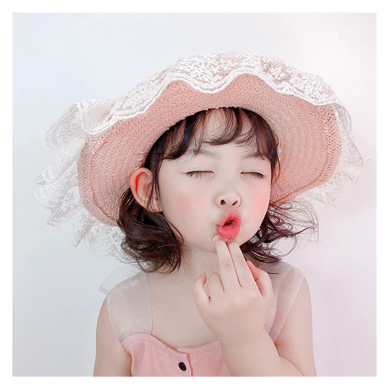 Sombrero de Verano para niños, Ventilador literario, Sombrero de Paja de Encaje para niñas, Sombrero de Paja Transpirable de Verano con Lazo Grande para bebés (Rosa M 2 6Y)