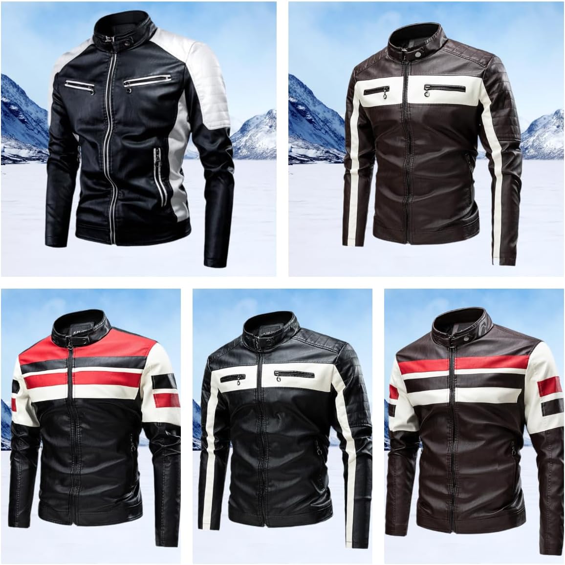 Faux Motorcycle Leather Jacket for Men Cool Fall Zip Up Stand Collar Casual Biker Motor Outwear Coat