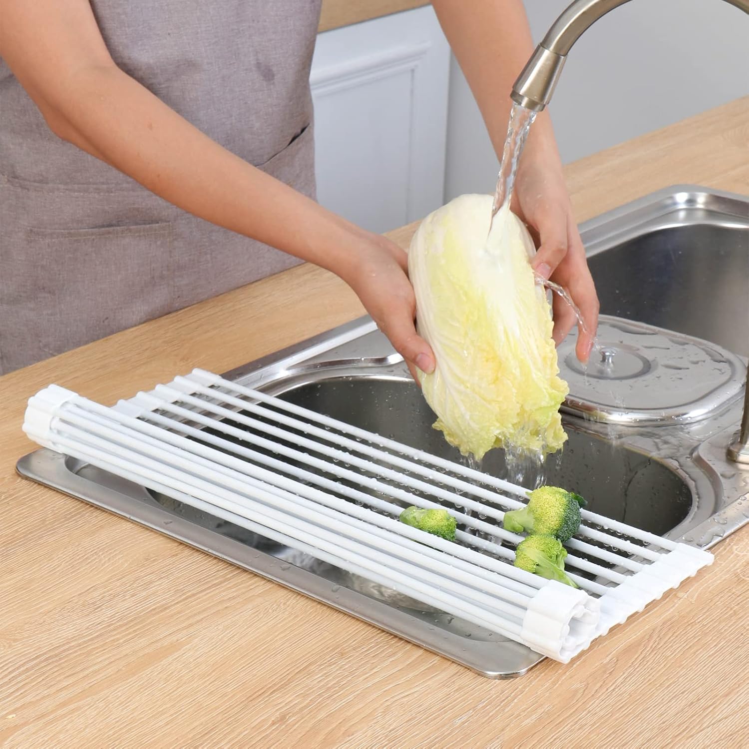 Dish Drainer, White Roll Up Dish Drying Rack, Over Sink Drying Rack with Silicone-Coated, Heat-Resistant Anti-Slip Dry Rack for Dishes Cups Fruits Vegetables - 17" x 13"